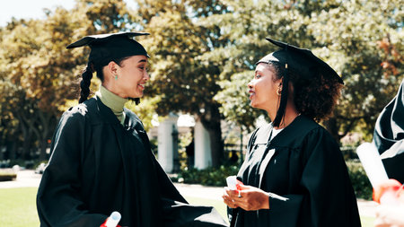 Smile, women and friends with certificate at graduation outdoor for learning achievement. Happy, people and congratulation with degree for education success, academic goals and bonding for milestoneの写真素材