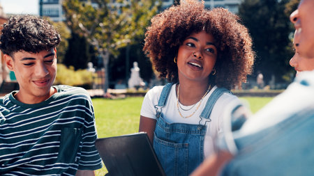 Friends, talk and group with smile, campus and planning for project on break, education and college. Happy, students and people with scholarship for knowledge, outdoor and discussion at universityの写真素材