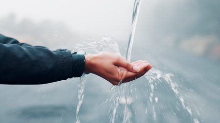 Outdoor, hands and person with water splash, cleaning and hydration with wellness. Closeup, hygiene or liquid with routine, healthy or prevent germs with nature, washing and remove bacteria with aquaの写真素材