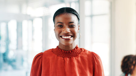 Portrait, media agency and woman in office, creative project and career ambition with about us. Person, copywriting and journalist in workplace, happiness and reporter with magazine editor and prideの写真素材