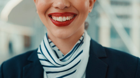 Flight attendant, mouth and smile in airport for travel, journey and transport professional for service. Closeup, happy woman and air hostess for international airline, hospitality and career prideの写真素材