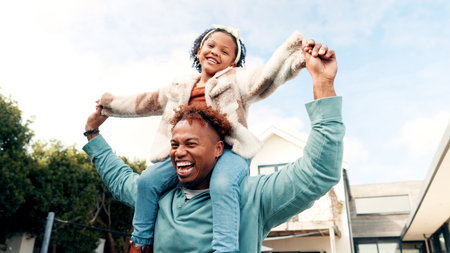 Happy dad, child or shoulder with love for bonding, weekend or holiday together by home. Low angle, father or carrying daughter with smile or playful outdoor family for fun time or childhood by houseの写真素材