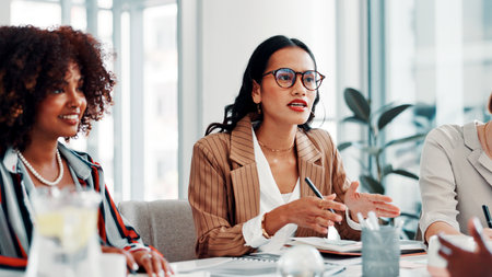 Creative agency, meeting or women in boardroom for discussion, campaign schedule or release date choice. Teamwork, suggestion or people with ideas for launch agenda, brand awareness or plan promotionの写真素材