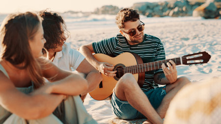 Beach, friends and play guitar on holiday, relax and bonding together outdoor for summer celebration. Seashore, group and people with acoustic instrument for travel music, song or smile on vacationの写真素材