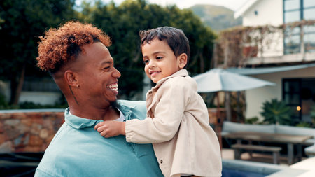 Happy dad, child and hug with adoption for bonding, stability or childhood safety by home. Father, foster kid or smile with adopted son, family or embrace for love, commitment or parenthood by houseの写真素材