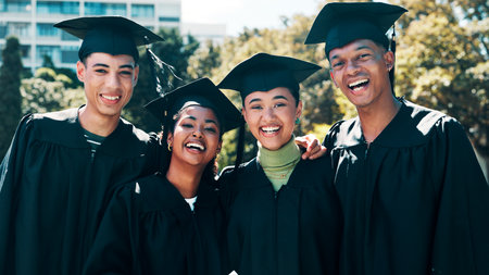 Portrait, smile and friends at graduation outdoor for learning achievement. Happy, people and celebration for education success, academic qualification and university milestone of excellence ceremonyの写真素材