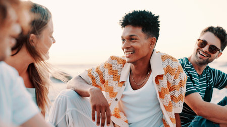 Group, talk and vacation with friends, beach and bonding on break, laugh or conversation with smile. Happy, people and discussion on summer holiday, getaway and together in nature, travel and outdoorの写真素材