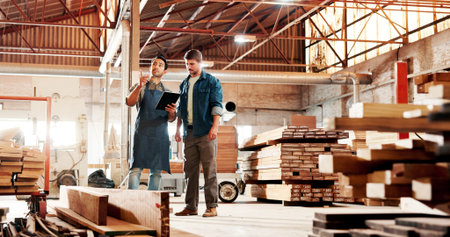 Carpentry, team and people on tablet in workshop for planning, construction and woodworking...