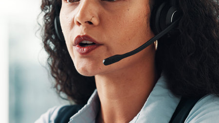Business woman, mouth and consultant with headset in office for online advice or customer service....