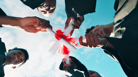 Happy people, hands and graduation with certificate below for qualification, education or...