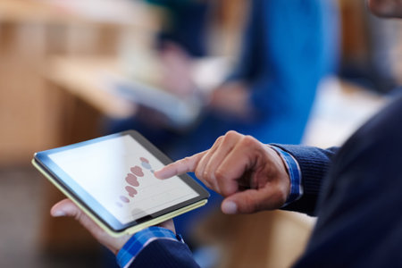 Person, hands and tablet screen with statistics for analytics or performance review in office....
