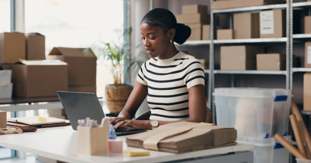 Logistics, woman or typing with laptop in small business for delivery tracking, inventory or shipping. Supply chain, black person and tech in warehouse for order update, procurement email and reviewsの写真素材