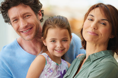 Portrait, parents and girl with smile in backyard for summer bonding, care and support for...