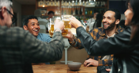 Friends, party and toast beer at bar, celebration or excited for announcement, happy hour and...
