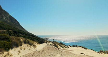 Mockup, hiking and man with space for travel, adventure and fitness for journey with backpacking....