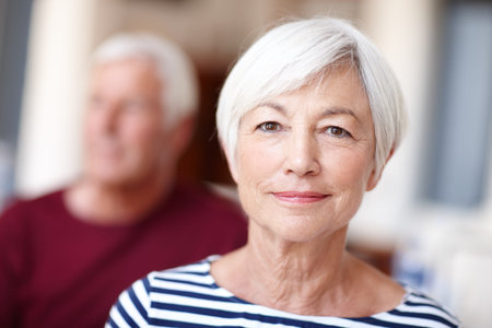Couple, portrait and relax with old woman in home for bonding, comfortable and pride. Retirement,...