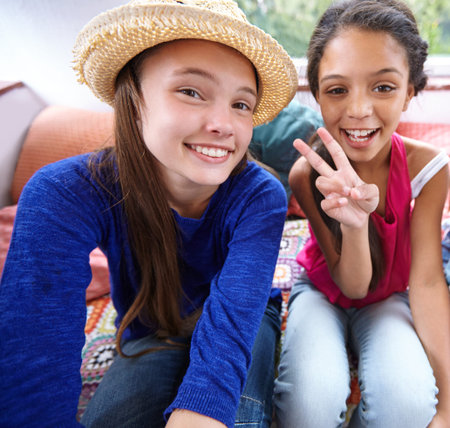 Happy children, selfie and friends with peace sign in home, laughing and social media update....