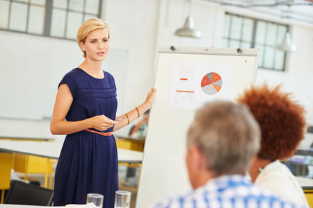 Meeting, presentation and woman with business people with chart for budget, project funding and sales review. Startup agency, teamwork and workers with graph for proposal, company revenue and reportの写真素材