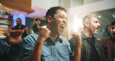 Excited people, winning and watching tv with fist pump for sport victory, support or success in pub....