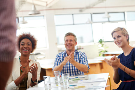 People, team and applause at startup, office meeting and excited for revenue announcement at...