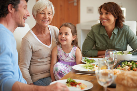 Smile, food and girl with big family at lunch for bonding, nutrition and thanksgiving event....
