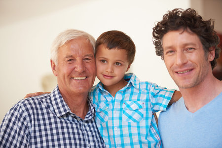 Portrait, dad and kid with grandfather in home for bonding together, connection and generations....