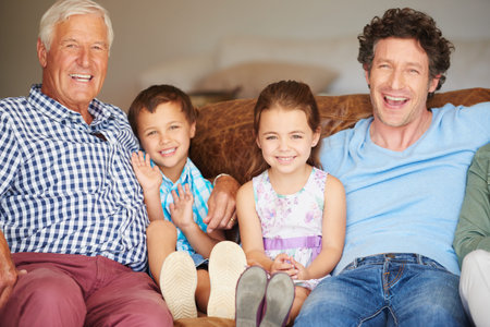 Portrait of grandfather, dad and kids on sofa for bonding, relationship and relax together. Family...