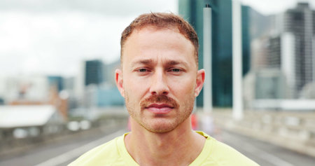 Runner, fitness and portrait of man in city with confidence for exercise, training and wellness in...