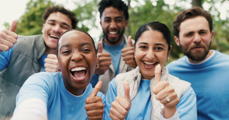 Portrait selfie, thumbs up and volunteer people outdoor for food drive celebration or success....