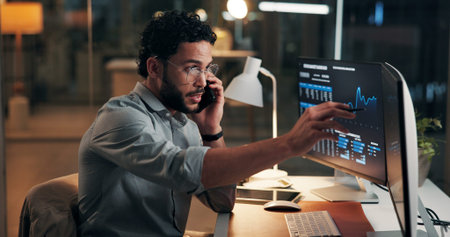 Phone call, stock market and businessman in office at night for finance negotiation with client....