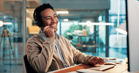 Headset, laughing and support with man in call center for assistance, consulting or feedback....