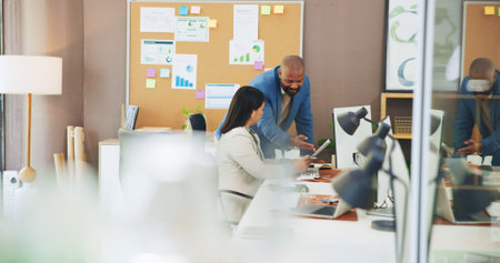 Computer, document and business team with advice in office for revenue growth, KPI and forecasting....