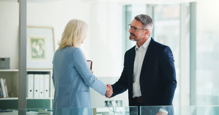 Handshake, partnership and business people in office with deal, finance contract or greeting....