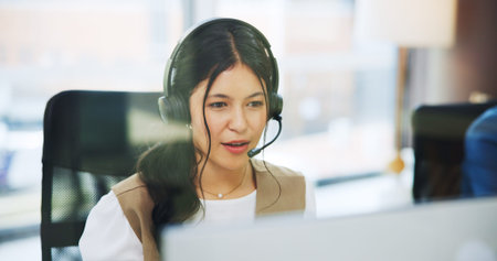 Woman, consultant or computer with headset in office for online advice or virtual assistance. Female...