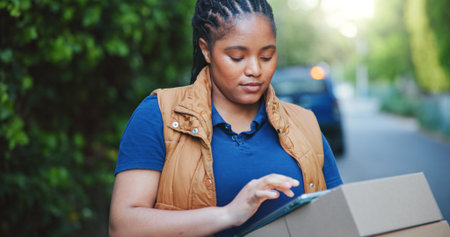 Tablet, delivery service and black woman outdoor with box for information with cargo export....