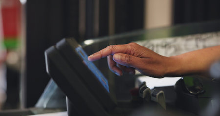 Operator, forklift and hands of person in warehouse for shipping, delivery and inventory management. Factory, machine and worker with screen for supply chain, distribution and logistics inspectionの写真素材