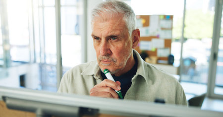 Mature, businessman and thinking with board for project planning or brainstorming in office....