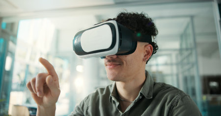 VR headset, metaverse and business man click, press app or test game for development. Virtual...