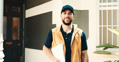 Portrait, delivery man or front door with clipboard at house for distribution, about us or logistics. Supply chain, courier and happy with invoice outdoor for shipping compliance or transport serviceの写真素材