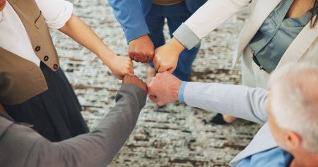 Fist pump, above or team in office with circle, solidarity or motivation in partnership. Support,...