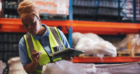 Supply chain, tablet and black woman in warehouse, counting and email for shipping schedule. African...