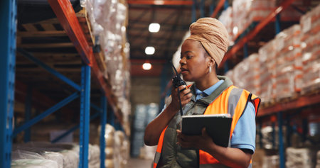 Supply chain, tablet and black woman in warehouse, radio and communication for shipping. African...