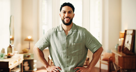 Portrait, confidence and smile with man in house for weekend, break and wellness in apartment. Home,...