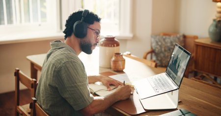 Headphones, laptop screen or man with charts in home for stocks notes, stats review or trading...
