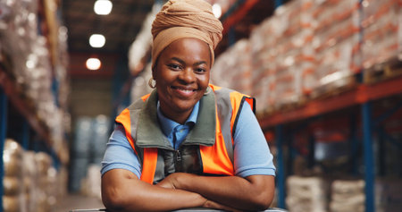 Portrait, African woman and smile in warehouse for logistics, quality control and career pride. Female person, arms crossed and about us for storage inspection, supply chain and distribution industryの写真素材