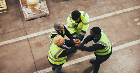 Hands, stack and group in warehouse, logistics and celebration for supply chain, teamwork and unity....