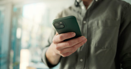 Man, hands or scroll in office with phone for social media insights, marketing campaign or project....