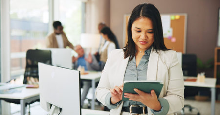 Reading, marketing or woman in office with tablet, industry research or report for company growth....