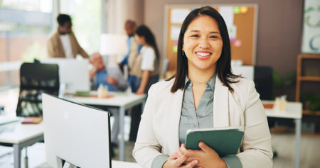 Media agency, portrait and happy woman in office, tablet and confidence with publication. Person, employee and journalist in workplace, tech and submission with creative project, email and prideの写真素材