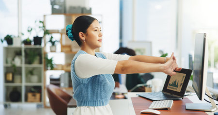 Business, finance and stretching with accountant woman in office for flexibility, health or...